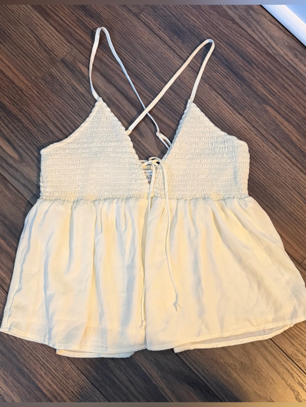 American Eagle Outfitters Cream Smocked Lace-Up Spaghetti Strap Cami